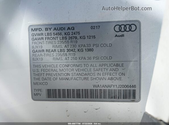 WA1ANAFY1J2006446 2018 AUDI Q5 White Vista del compartimento del motor