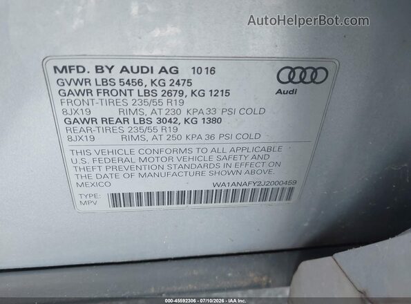 WA1ANAFY2J2000459 2018 AUDI Q5 Серебряный Вид подкапотного пространства
