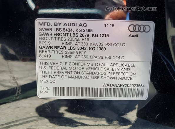 WA1ANAFY2K2023564 2019 AUDI Q5 Black Вид наклейки з VIN-кодом