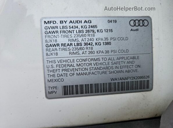 WA1ANAFY2K2095526 2019 AUDI Q5 White Вид наклейки з VIN-кодом