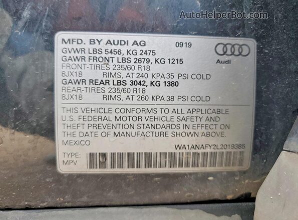 WA1ANAFY2L2019385 2020 AUDI Q5 Charcoal VIN կոդի պիտակի տեսք