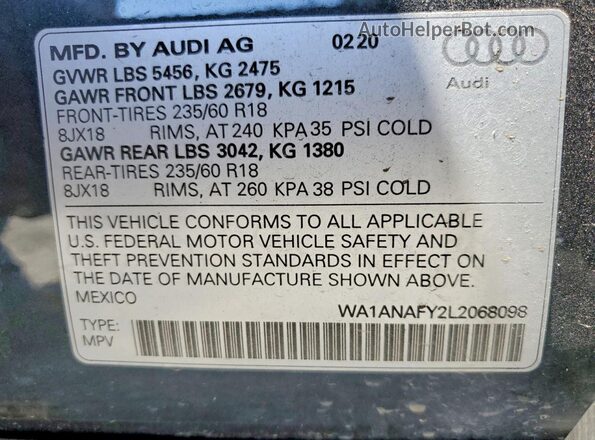 WA1ANAFY2L2068098 2020 AUDI Q5 Charcoal Widok naklejki z numerem VIN