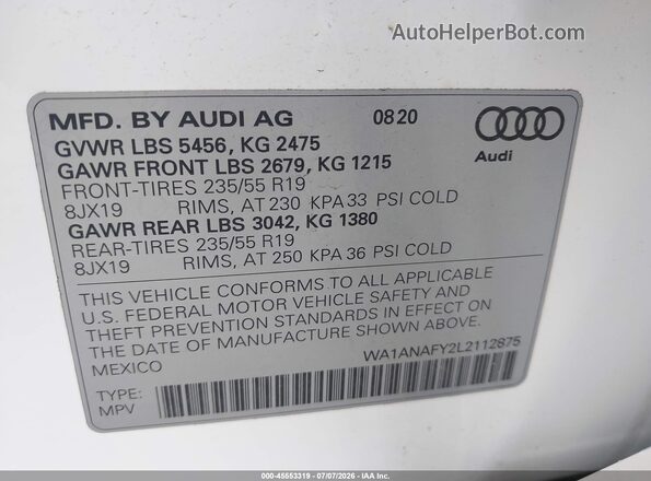 WA1ANAFY2L2112875 2020 AUDI Q5 White Engine compartment view