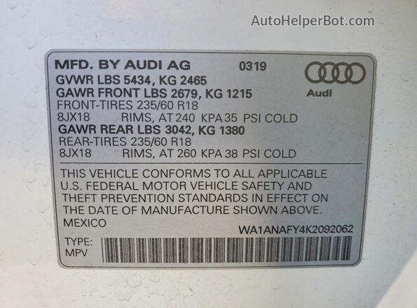 WA1ANAFY4K2092062 2019 AUDI Q5 White Vista de la etiqueta del VIN
