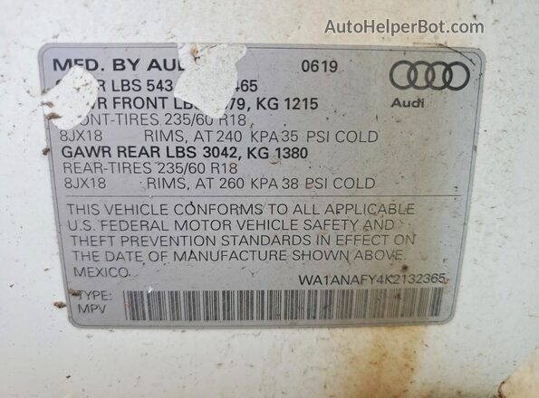 WA1ANAFY4K2132365 2019 AUDI Q5 White Widok naklejki z numerem VIN