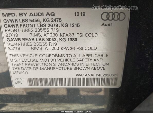 WA1ANAFY4L2028623 2020 AUDI Q5 Black Widok komory silnika