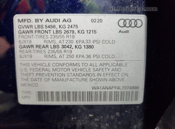 WA1ANAFY4L2074999 2020 AUDI Q5 Blue 360 interior view