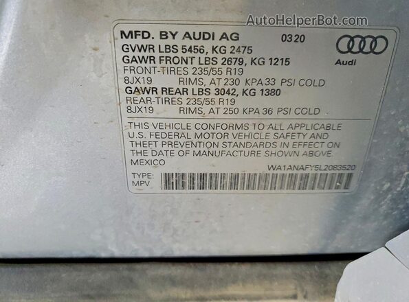 WA1ANAFY5L2083520 2020 AUDI Q5 Silver Вид наклейки з VIN-кодом