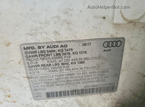 WA1ANAFY7J2018522 2018 AUDI Q5 White Widok naklejki z numerem VIN