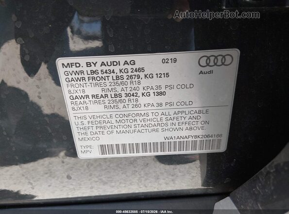 WA1ANAFY8K2064166 2019 AUDI Q5 Черный Вид подкапотного пространства