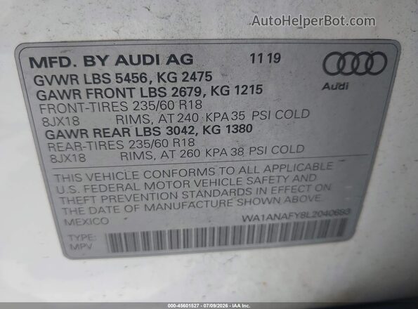 WA1ANAFY8L2040693 2020 AUDI Q5 White ძრავის განყოფილების ხედი