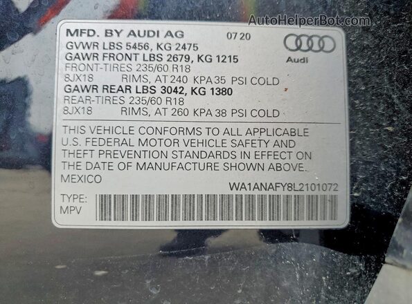 WA1ANAFY8L2101072 2020 AUDI Q5 Синий Вид наклейки с VIN-кодом