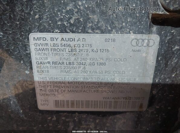 WA1ANAFY9J2139973 2018 AUDI Q5 Gray Widok komory silnika