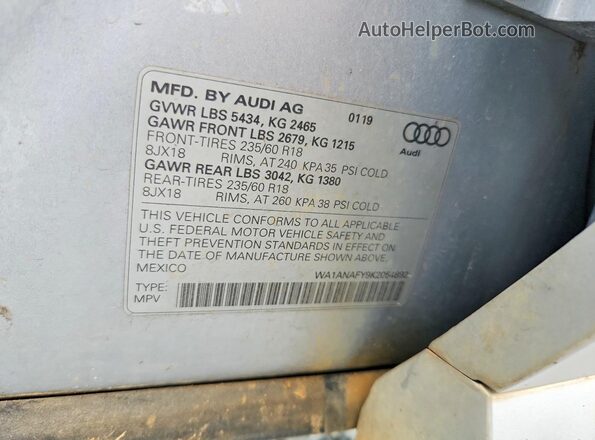 WA1ANAFY9K2054892 2019 AUDI Q5 Gray 360 interior view
