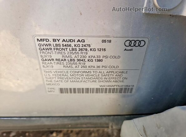 WA1ANAFYXJ2195419 2018 AUDI Q5 Silver 360 interior view