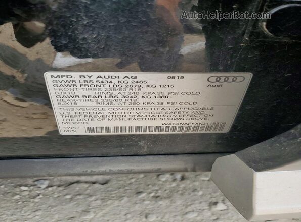 WA1ANAFYXK2118308 2019 AUDI Q5 Black Vista de la etiqueta del VIN