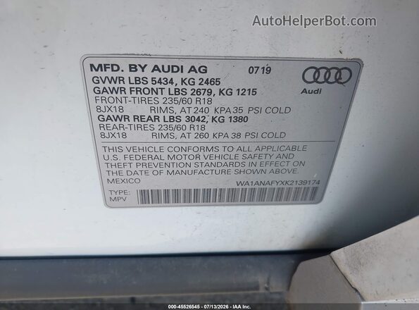 WA1ANAFYXK2139174 2019 AUDI Q5 White Widok komory silnika