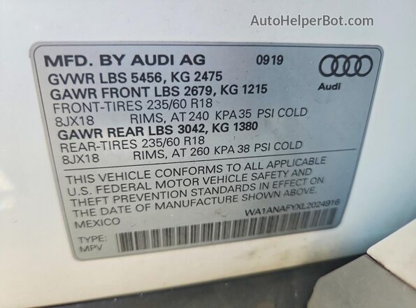 WA1ANAFYXL2024916 2020 AUDI Q5 White Vista interior de 360 grados