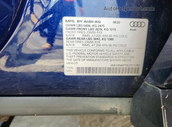 WA1ANAFYXL2111747 2020 AUDI Q5 Blue Widok naklejki z numerem VIN