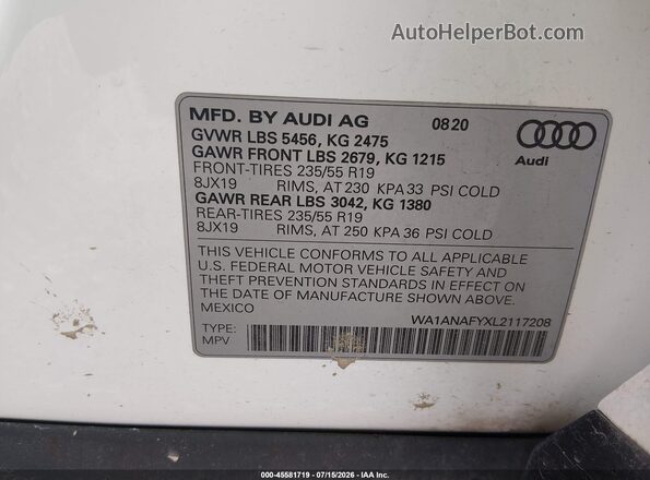 WA1ANAFYXL2117208 2020 AUDI Q5 White Widok komory silnika