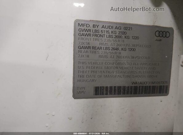 WA1AUCF31M1097375 2021 AUDI Q3 White Շարժիչի բաժամունքի տեսք