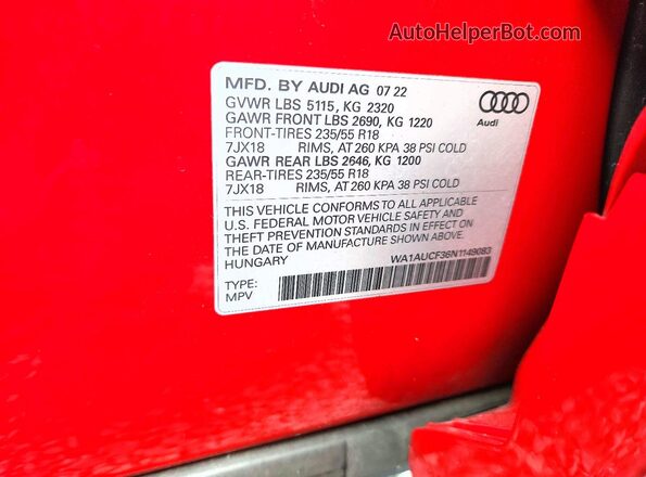 WA1AUCF36N1149083 2022 AUDI Q3 Red Vista interior de 360 grados
