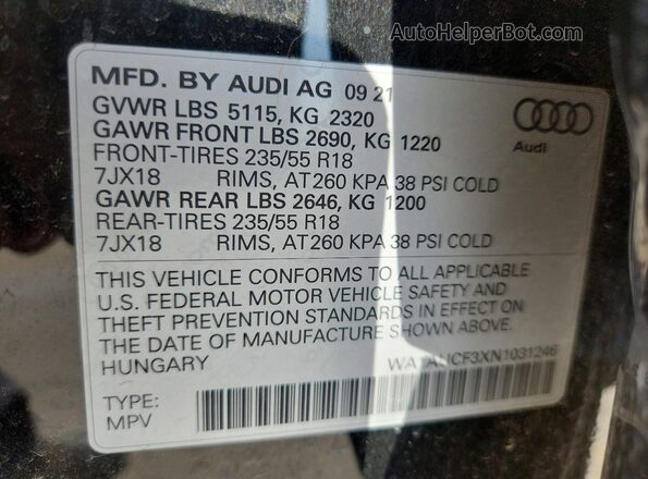 WA1AUCF3XN1031246 2022 AUDI Q3 Black VIN კოდის სტიკერის ხედი