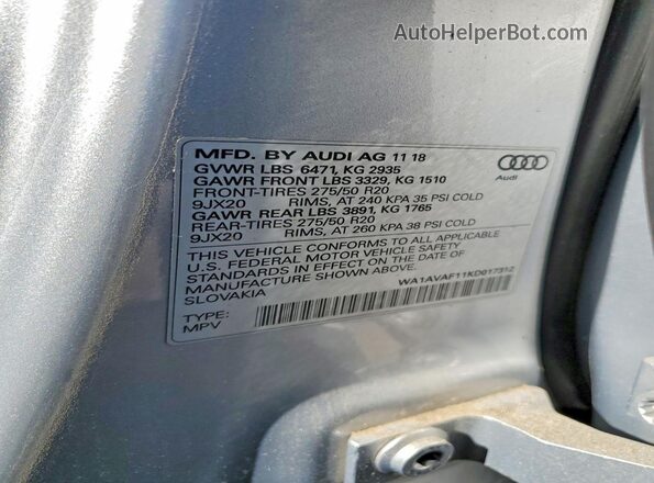 WA1AVAF11KD017312 2019 AUDI Q8 Silver Вид наклейки з VIN-кодом