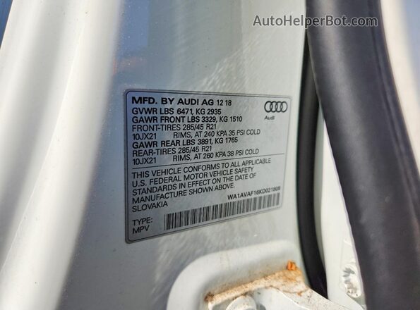 WA1AVAF16KD021808 2019 AUDI Q8 White Widok naklejki z numerem VIN