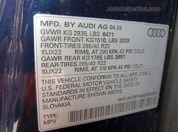 WA1AVBF14SD034305 2025 AUDI Q8 Blue VIN sticker view