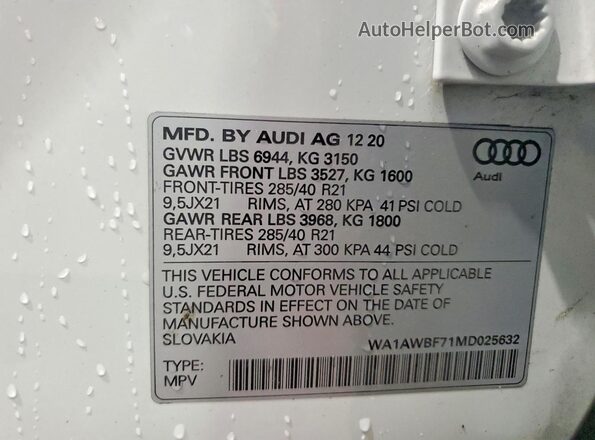 WA1AWBF71MD025632 2021 AUDI SQ7 White VIN կոդի պիտակի տեսք