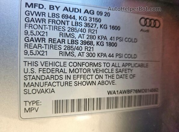 WA1AWBF76MD014562 2021 AUDI SQ7 Silver VIN կոդի պիտակի տեսք