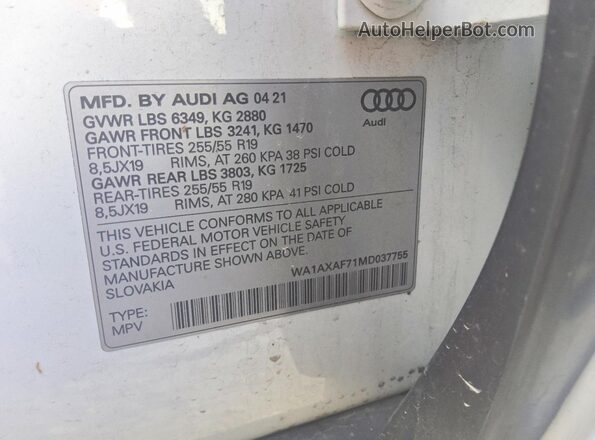 WA1AXAF71MD037755 2021 AUDI Q7 White VIN კოდის სტიკერის ხედი