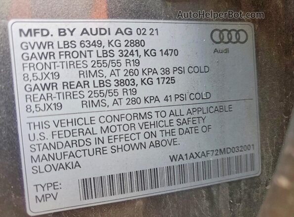 WA1AXAF72MD032001 2021 AUDI Q7 Gray Вид наклейки з VIN-кодом