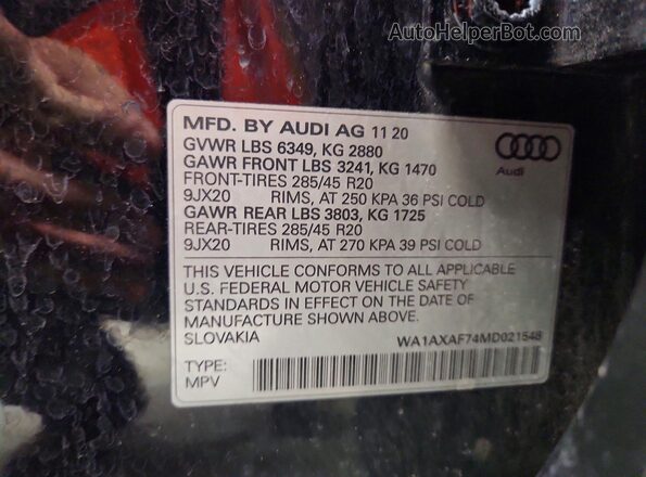 WA1AXAF74MD021548 2021 AUDI Q7 Black VIN კოდის სტიკერის ხედი