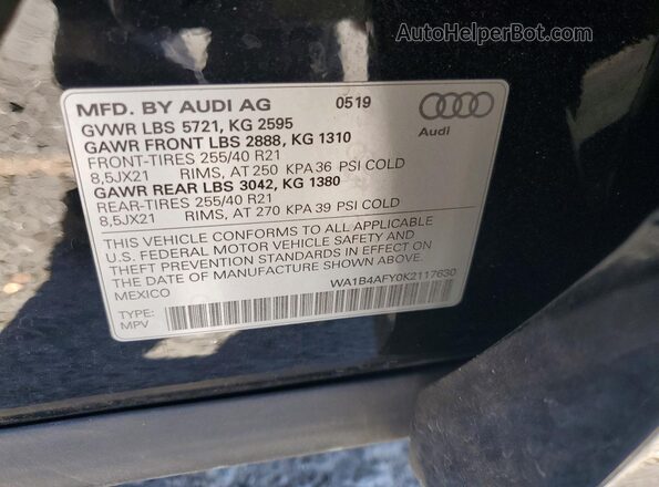 WA1B4AFY0K2117630 2019 AUDI SQ5 Black VIN կոդի պիտակի տեսք