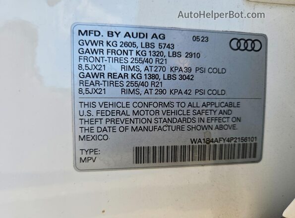 WA1B4AFY4P2156101 2023 AUDI SQ5 White VIN կոդի պիտակի տեսք