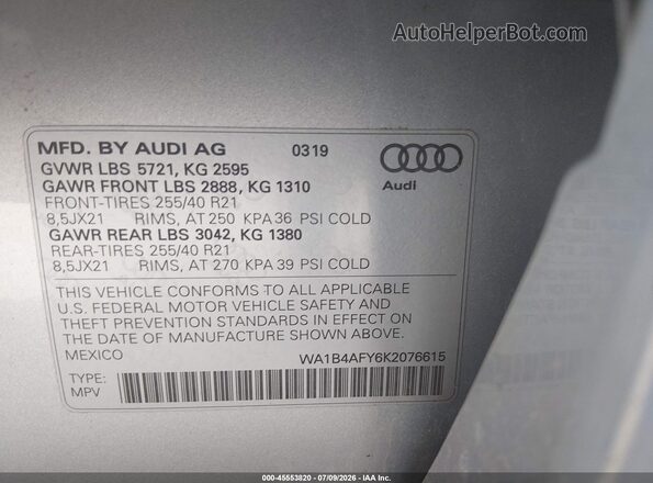 WA1B4AFY6K2076615 2019 AUDI SQ5 Silver Vista del compartimento del motor