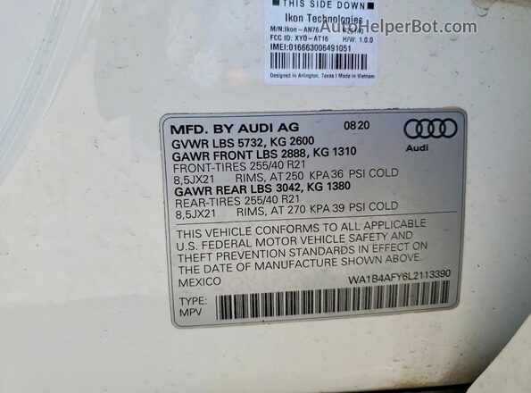 WA1B4AFY6L2113390 2020 AUDI SQ5 White Вид наклейки з VIN-кодом