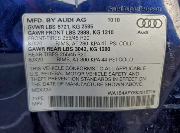 WA1B4AFY8K2015718 2019 AUDI SQ5 Blue Engine compartment view