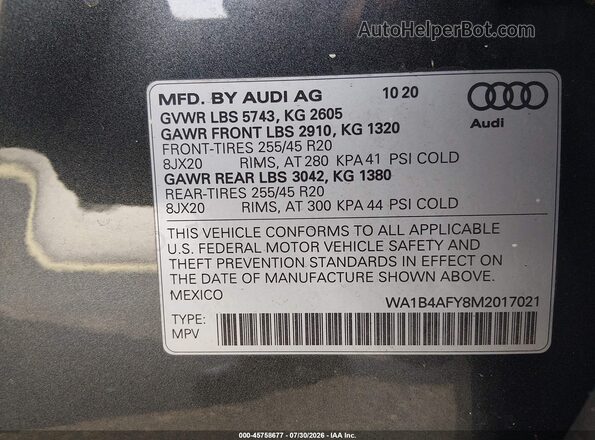 WA1B4AFY8M2017021 2021 AUDI SQ5 Gray Engine compartment view