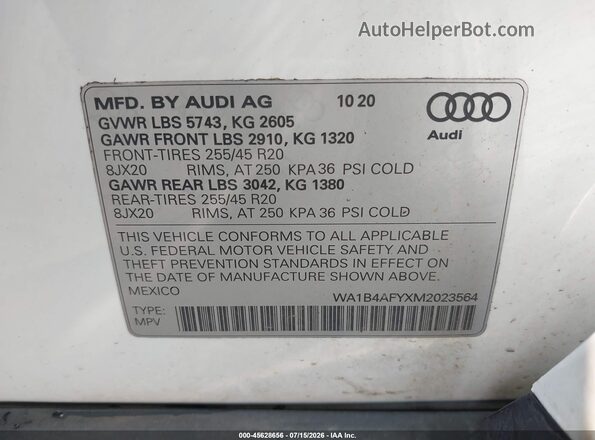 WA1B4AFYXM2023564 2021 AUDI SQ5 White Widok komory silnika
