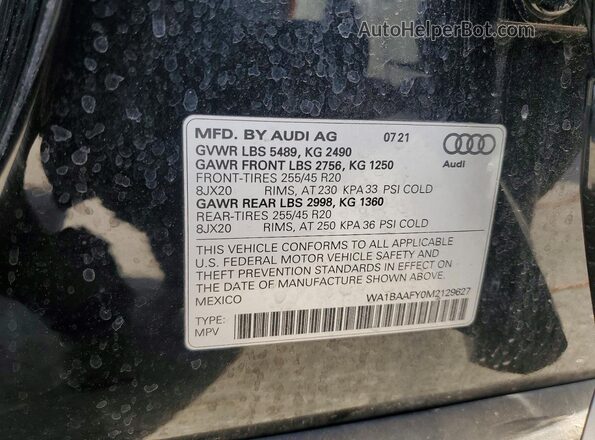 WA1BAAFY0M2129627 2021 AUDI Q5 Черный Вид наклейки с VIN-кодом