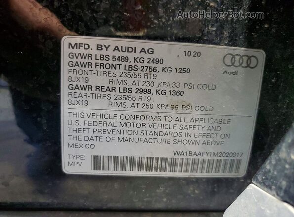 WA1BAAFY1M2020917 2021 AUDI Q5 Black Вид наклейки з VIN-кодом
