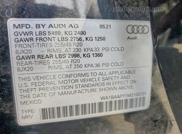 WA1BAAFY1M2102131 2021 AUDI Q5 Black VIN կոդի պիտակի տեսք