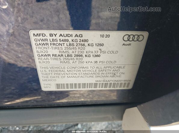 WA1BAAFY2M2018500 2021 AUDI Q5 Blue Vista del compartimento del motor