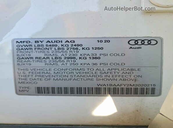WA1BAAFY2M2020215 2021 AUDI Q5 White Вид наклейки з VIN-кодом