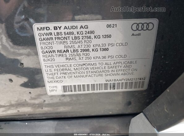 WA1BAAFY2M2127412 2021 AUDI Q5 Gray Engine compartment view