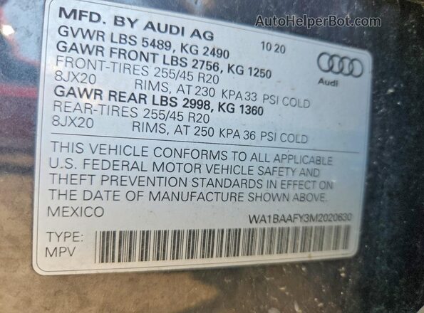 WA1BAAFY3M2020630 2021 AUDI Q5 Gray Widok wnętrza 360 stopni