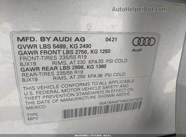 WA1BAAFY4M2087625 2021 AUDI Q5 Silver Շարժիչի բաժամունքի տեսք